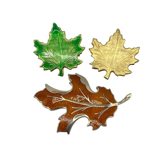 Vintage Gold Tone Enamel Maple Leaf Brooch Pins Set Of 3 Gold Green & Brown - Picture 1 of 10